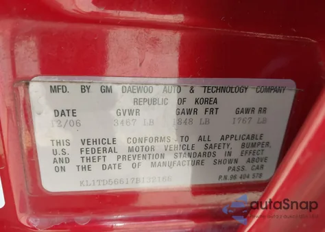 2007 Chevrolet Aveo Ls z USA, uszkodzony, nr VIN KL1TD56617B132166